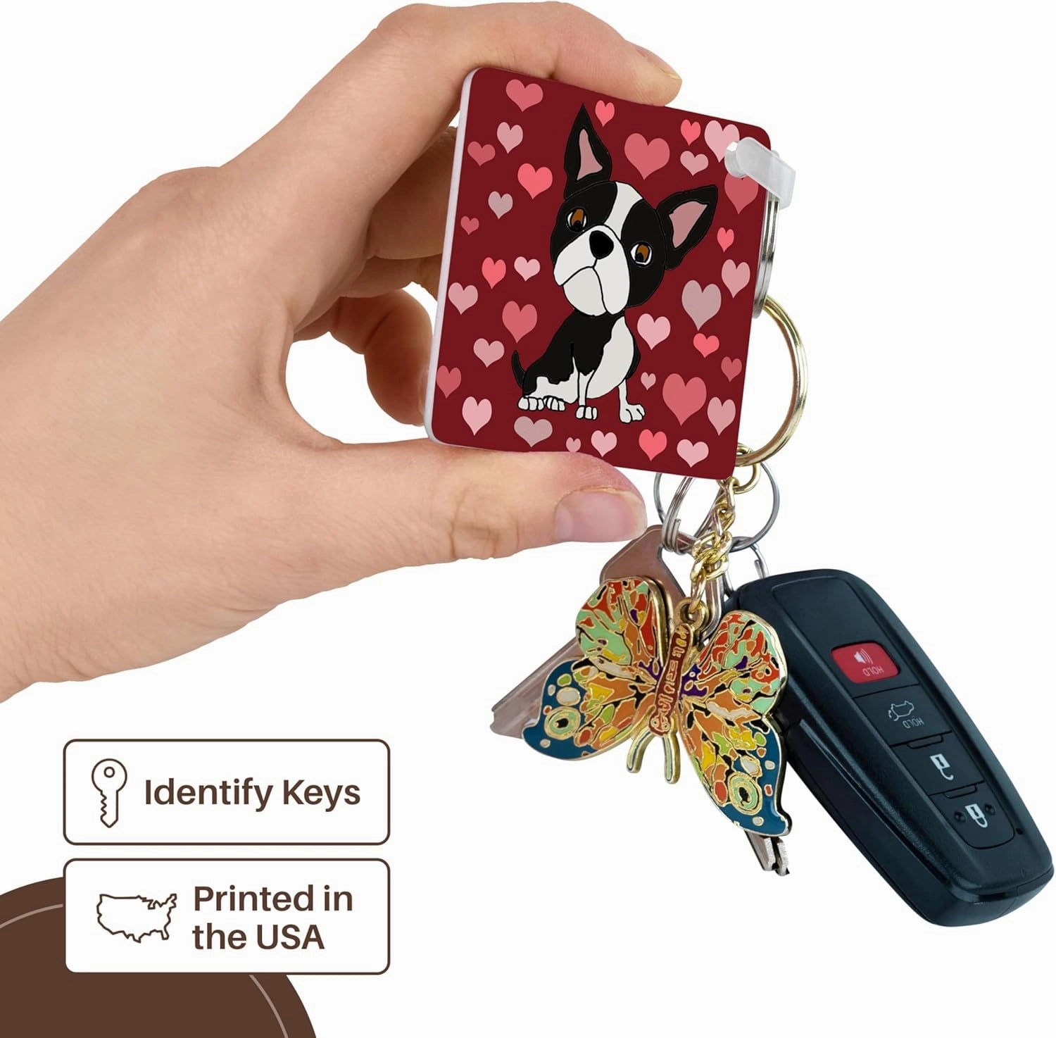 3dRose, Funny Cute Boston Terrier Dog and Heart Love Pattern Abstract, Key Chain