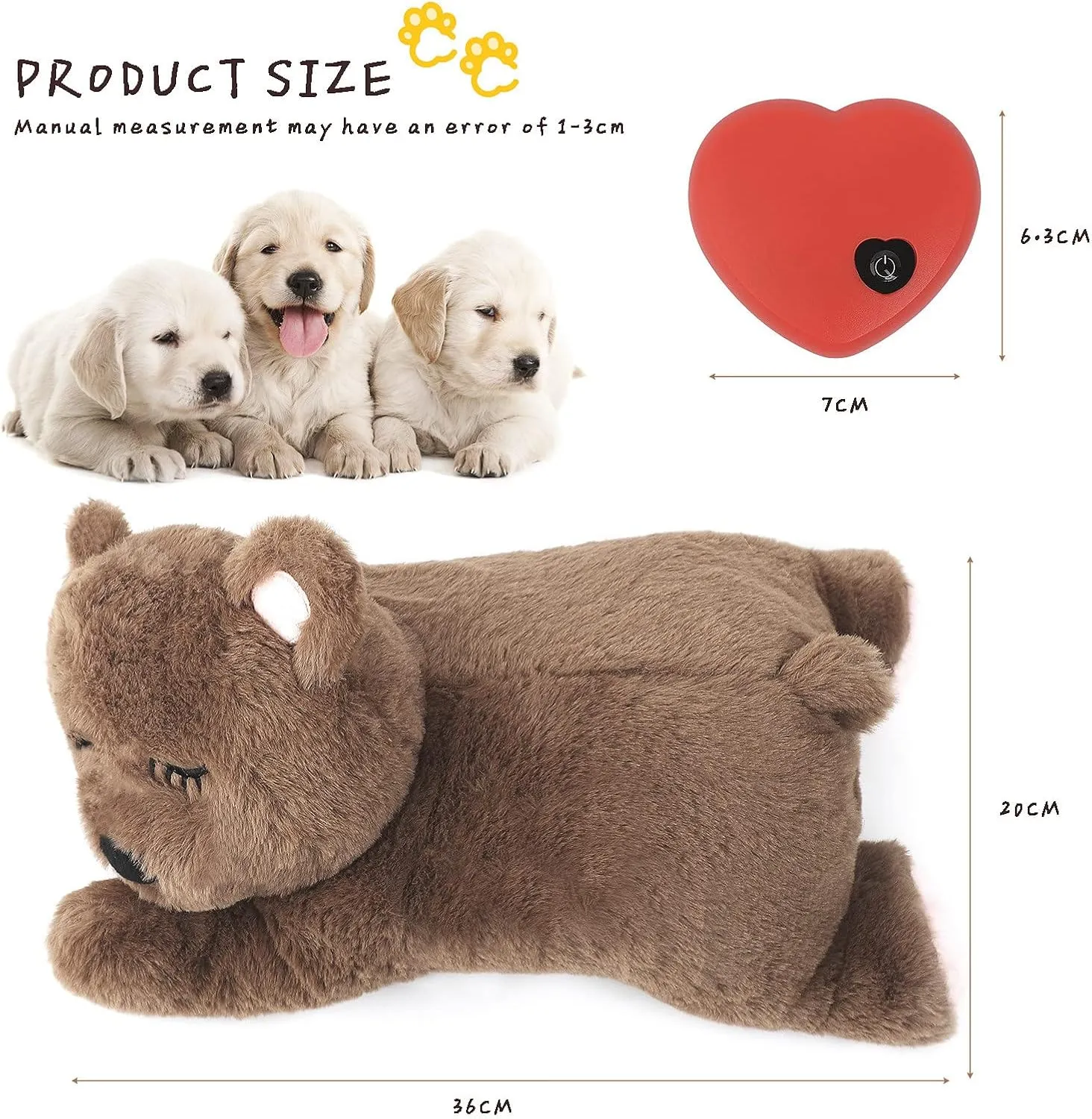 3T group Heartbeat Puppy Toy Sleep Aid for Dogs Heartbeat Toy for Puppy Stuffed Animal with Heartbeat for Puppies Plush Pillow Anxiety Relief Calming Dog Puppy Essentials Toys (Coffee)