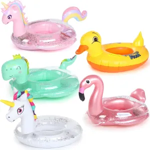 5 Pack Inflatable Pool Floats Ride on Pool Float Glitter Pool Float Swim Tube Rings for Boys and Girls Swimming Pool Summer Beach Party Decor (White Pink Unicorn, Flamingo, Duck, Dinosaur)