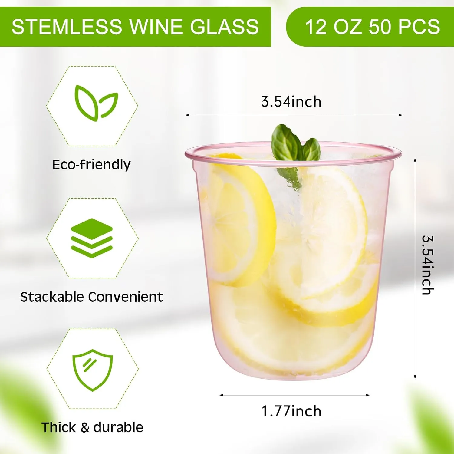50 Pcs Disposable Stemless Glasses 12oz Crystal Plastic Wine Glasses Clear Classic Pet Cup for Meeting Weddings Birthdays Cocktail Christmas Party Supplies (Pink)