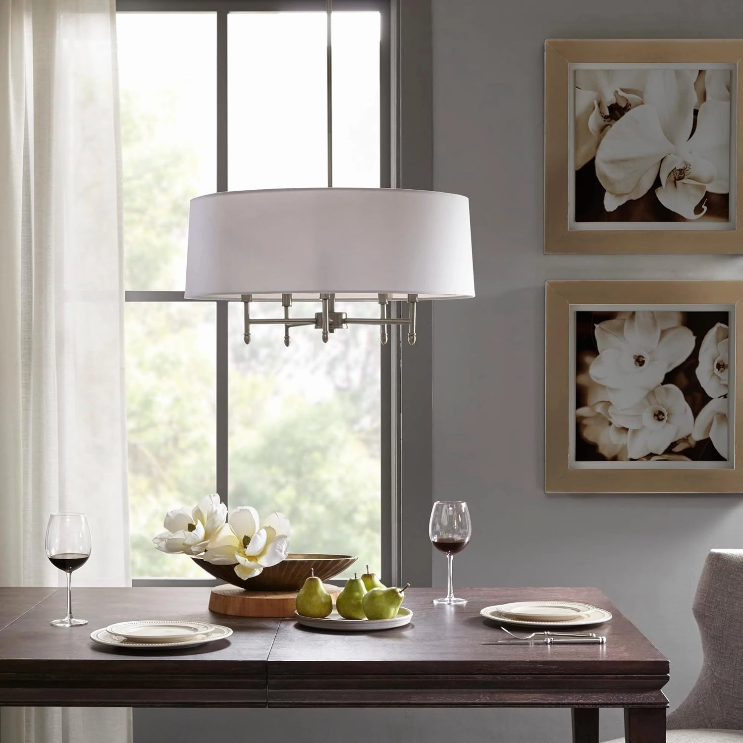 5-Light Drum Shade Chandelier with Adjustable Height and Tiltable Shade, Transitional Design, Silver Finish