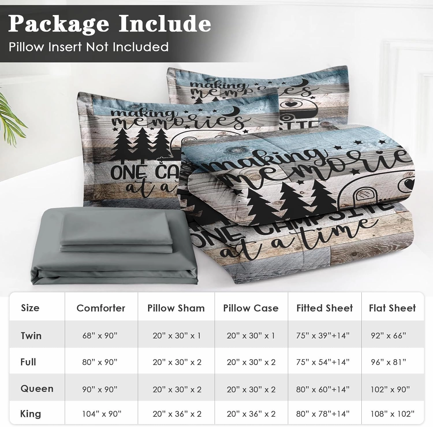 5 Pcs Twin Size Comforter Set with Pillowcase & Sham, Inspirational Motivational Bedding Set for Kids and Adults, Retro Wood Camp Camper Bed in a Bag with Flat Sheet and Fitted Sheet