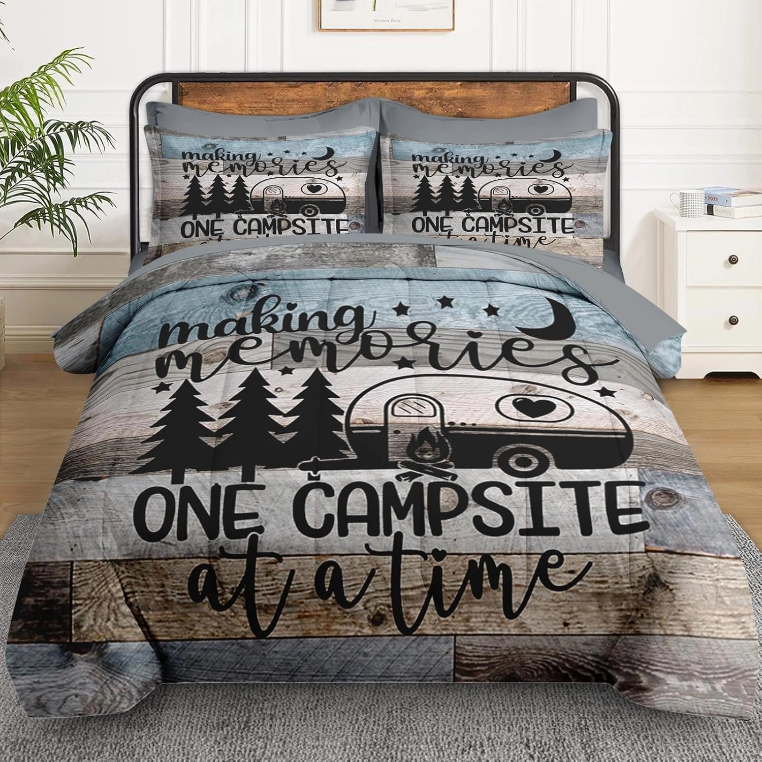 5 Pcs Twin Size Comforter Set with Pillowcase & Sham, Inspirational Motivational Bedding Set for Kids and Adults, Retro Wood Camp Camper Bed in a Bag with Flat Sheet and Fitted Sheet
