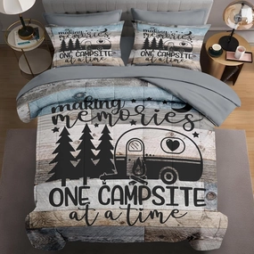 5 Pcs Twin Size Comforter Set with Pillowcase & Sham, Inspirational Motivational Bedding Set for Kids and Adults, Retro Wood Camp Camper Bed in a Bag with Flat Sheet and Fitted Sheet