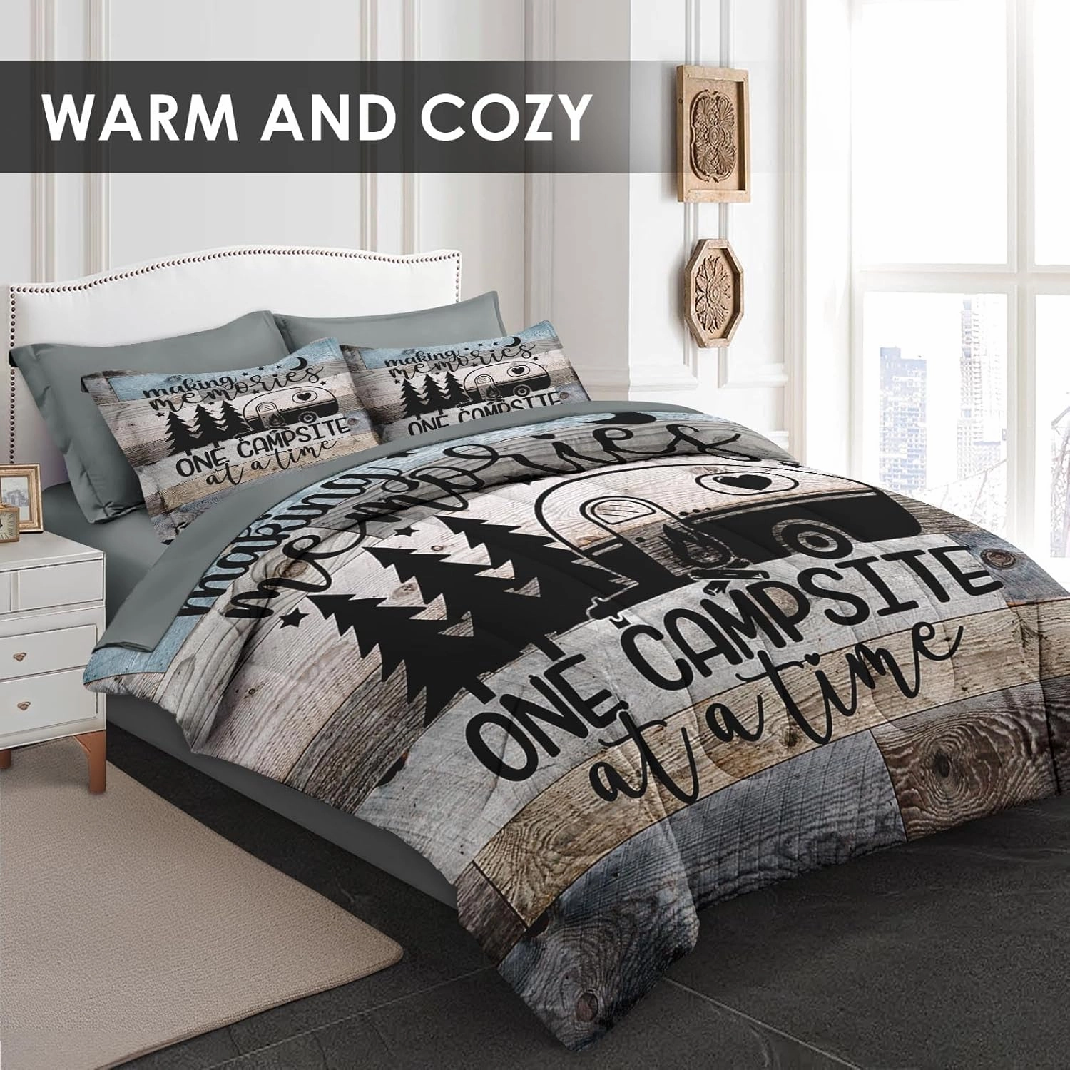5 Pcs Twin Size Comforter Set with Pillowcase & Sham, Inspirational Motivational Bedding Set for Kids and Adults, Retro Wood Camp Camper Bed in a Bag with Flat Sheet and Fitted Sheet