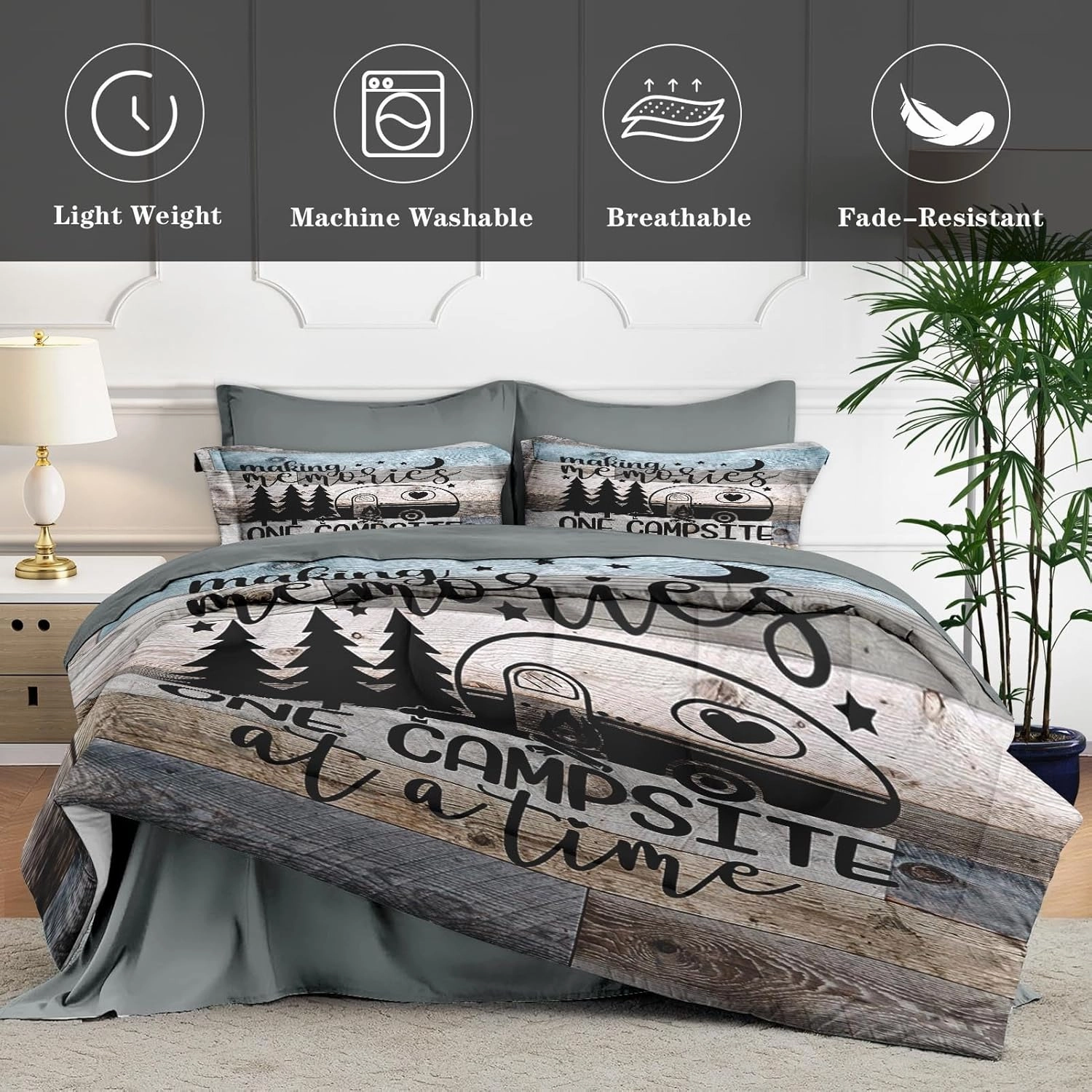 5 Pcs Twin Size Comforter Set with Pillowcase & Sham, Inspirational Motivational Bedding Set for Kids and Adults, Retro Wood Camp Camper Bed in a Bag with Flat Sheet and Fitted Sheet
