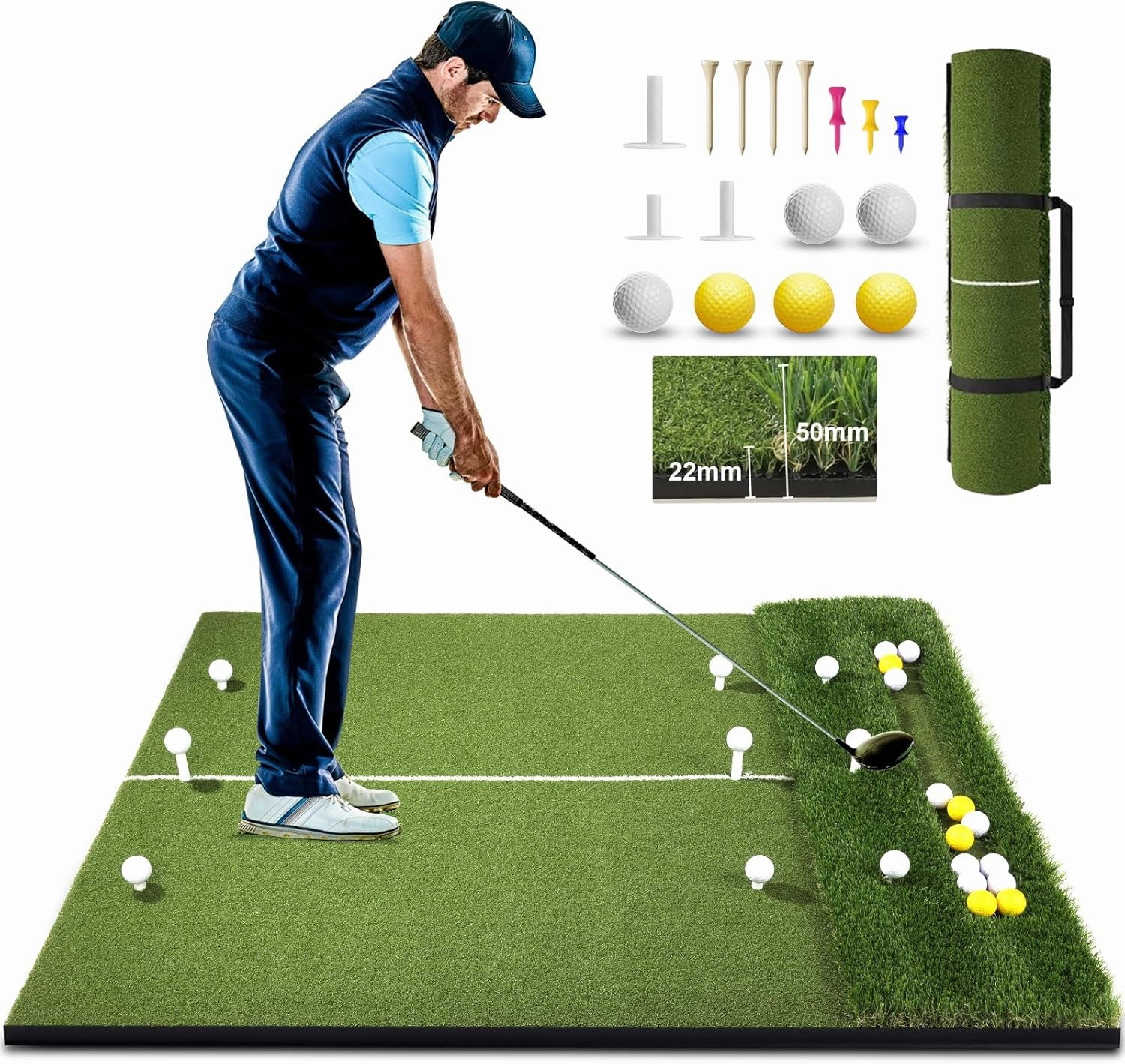 5x4ft Golf Mat with Ball Tray, Thickened Dual-Turf Golf Hitting Mat with Alignment Lines for Indoor & Outdoor Use, Golf Practice Mat for Swing & Chipping Training, Ideal Gift for Golfers