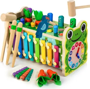 6-IN-1 Wooden Montessori Toys for 1 Year Old, Mole-Tapping Game | Play the Xylophone | Frog Clock | Carrot Harvest Game | Spinning Gear, Toddler Toys Aged 1-4, Baby Toy Gift for Early Learning