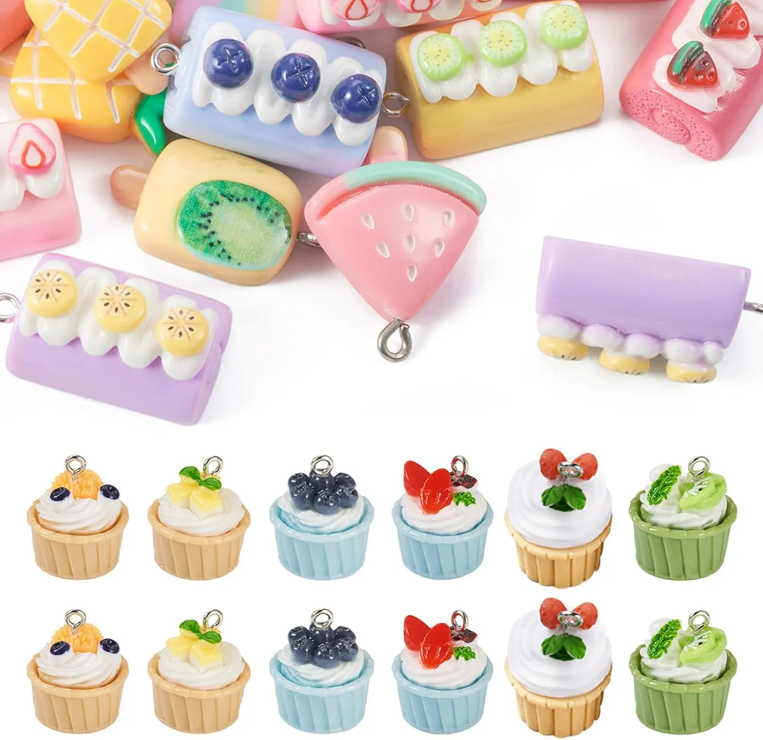 64Pcs Resin Cake Charms Sweet Food Pendants Cute Fruit Dessert Charms for DIY Crafts Bracelet Necklace Earring Jewelry Making