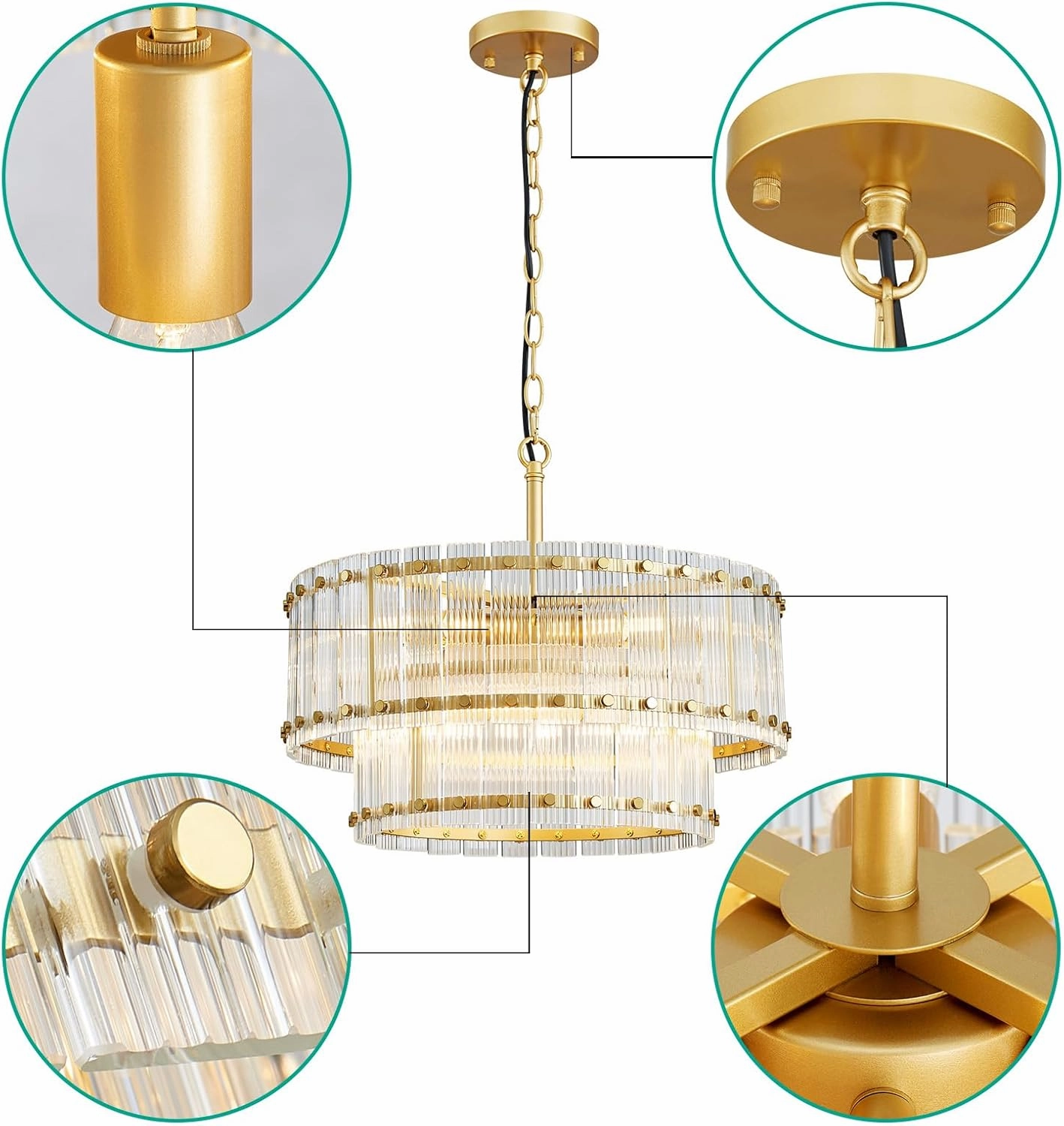 6-Lights Glass Drum Chandelier, Mid-Century Modern Design, 2-Tier Light Fixture, Ripple Glass, Gold Pendant Light for Kitchen Island, Dining Room