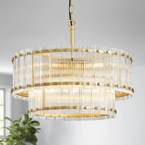 6-Lights Glass Drum Chandelier, Mid-Century Modern Design, 2-Tier Light Fixture, Ripple Glass, Gold Pendant Light for Kitchen Island, Dining Room