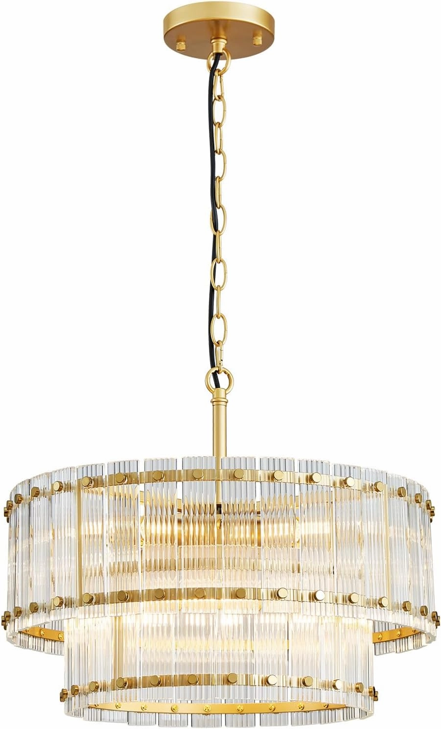 6-Lights Glass Drum Chandelier, Mid-Century Modern Design, 2-Tier Light Fixture, Ripple Glass, Gold Pendant Light for Kitchen Island, Dining Room