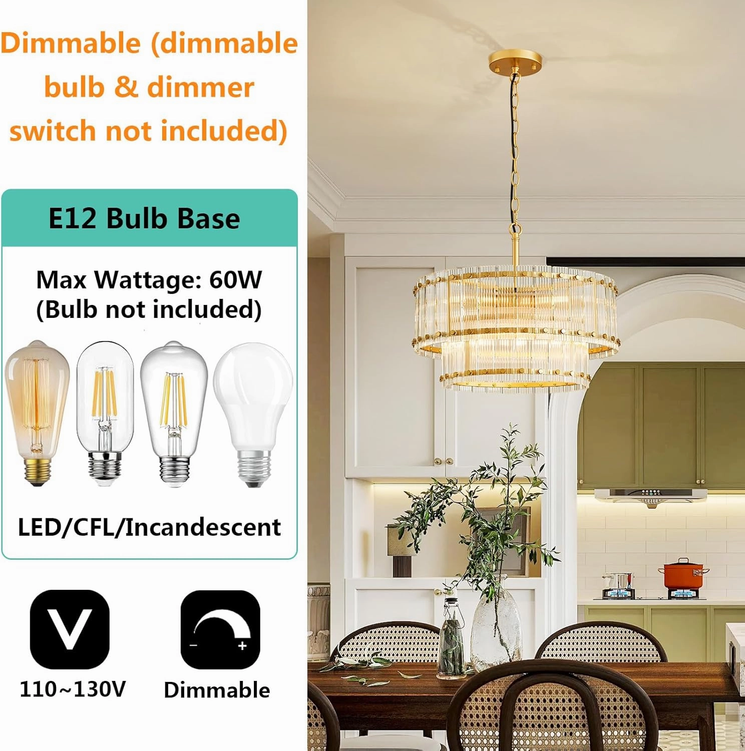 6-Lights Glass Drum Chandelier, Mid-Century Modern Design, 2-Tier Light Fixture, Ripple Glass, Gold Pendant Light for Kitchen Island, Dining Room