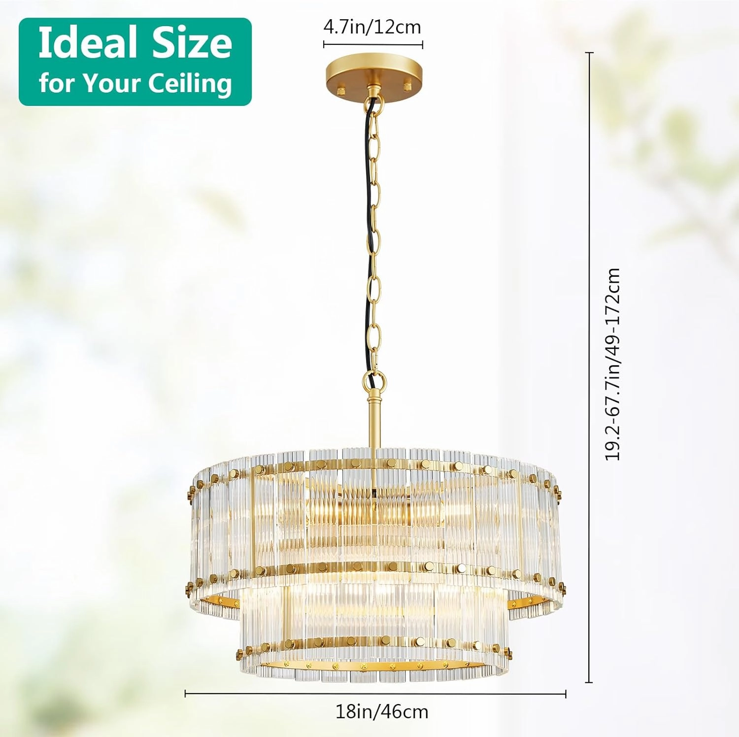 6-Lights Glass Drum Chandelier, Mid-Century Modern Design, 2-Tier Light Fixture, Ripple Glass, Gold Pendant Light for Kitchen Island, Dining Room