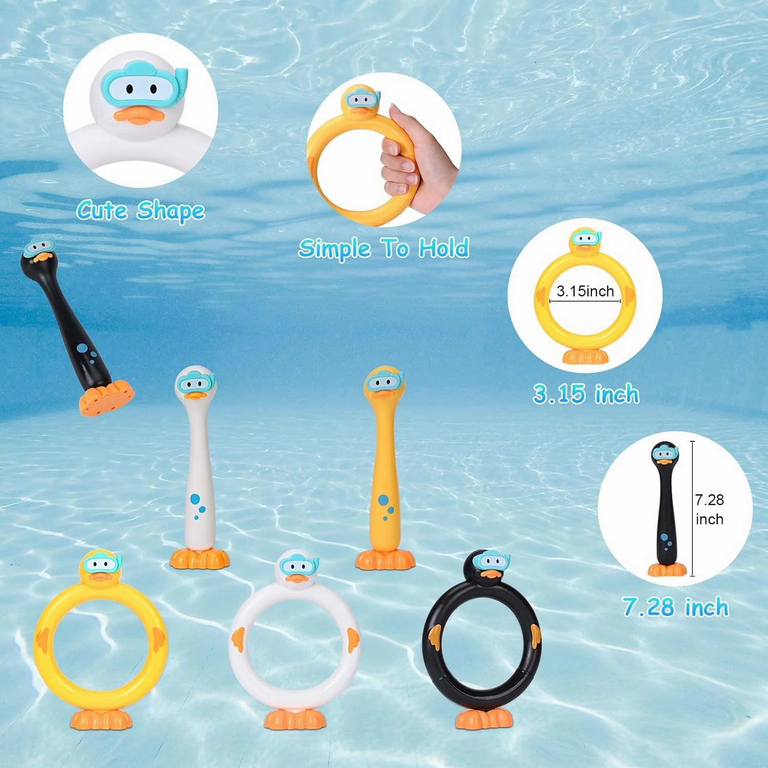 6PCS Swimming Duck Pool Diving Toys Dive Sticks and Diving Rings Set Summer Pool Sinking Toys for Underwater Pool Game for Kids of Ages 3-12 Boys and Girls