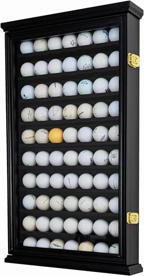 70 Golf Ball Display Case - Wall Mountable Cabinet with UV Protection Acrylic Door, Secure Shelves, and Lockable Latches (Black)