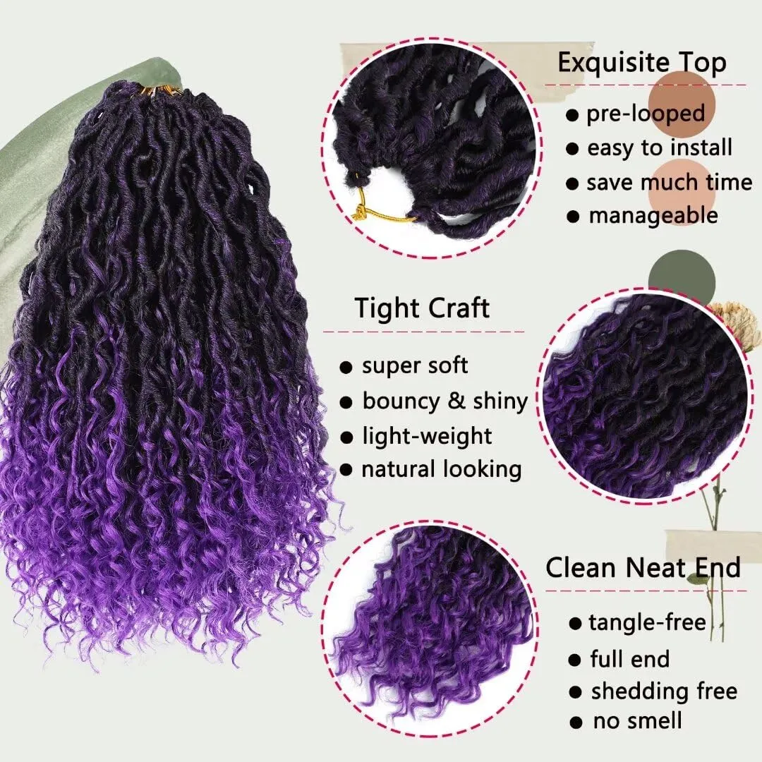 8 Packs Purple Goddess Locs Crochet Hair 18 inch Prelooped River Locs Crochet Hair Boho Faux Locs Crochet with Curly Ends Boho Style Synthetic Hair Extensions(18" 8Packs T1B/purple#)