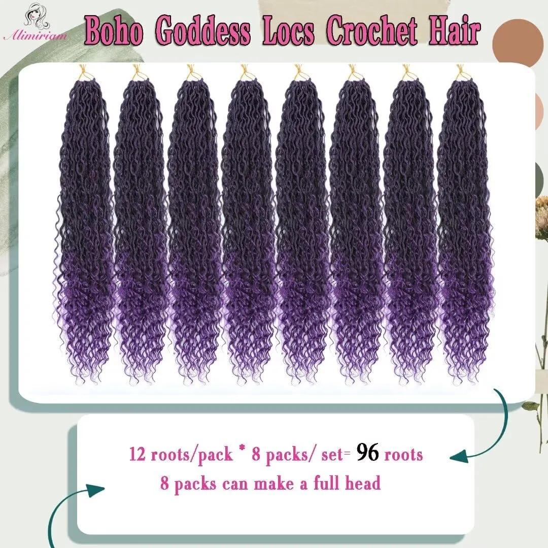 8 Packs Purple Goddess Locs Crochet Hair 18 inch Prelooped River Locs Crochet Hair Boho Faux Locs Crochet with Curly Ends Boho Style Synthetic Hair Extensions(18" 8Packs T1B/purple#)