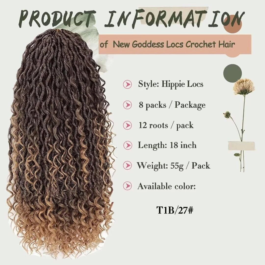 8 Packs New Goddess Locs Crochet Hair 18 Inch Pre-looped River Locs Crochet Hair with Curly Ends Curly Faux locs Braids Hair Boho Style Synthetic Hair Extensions (18" 8Packs T1B/27#)