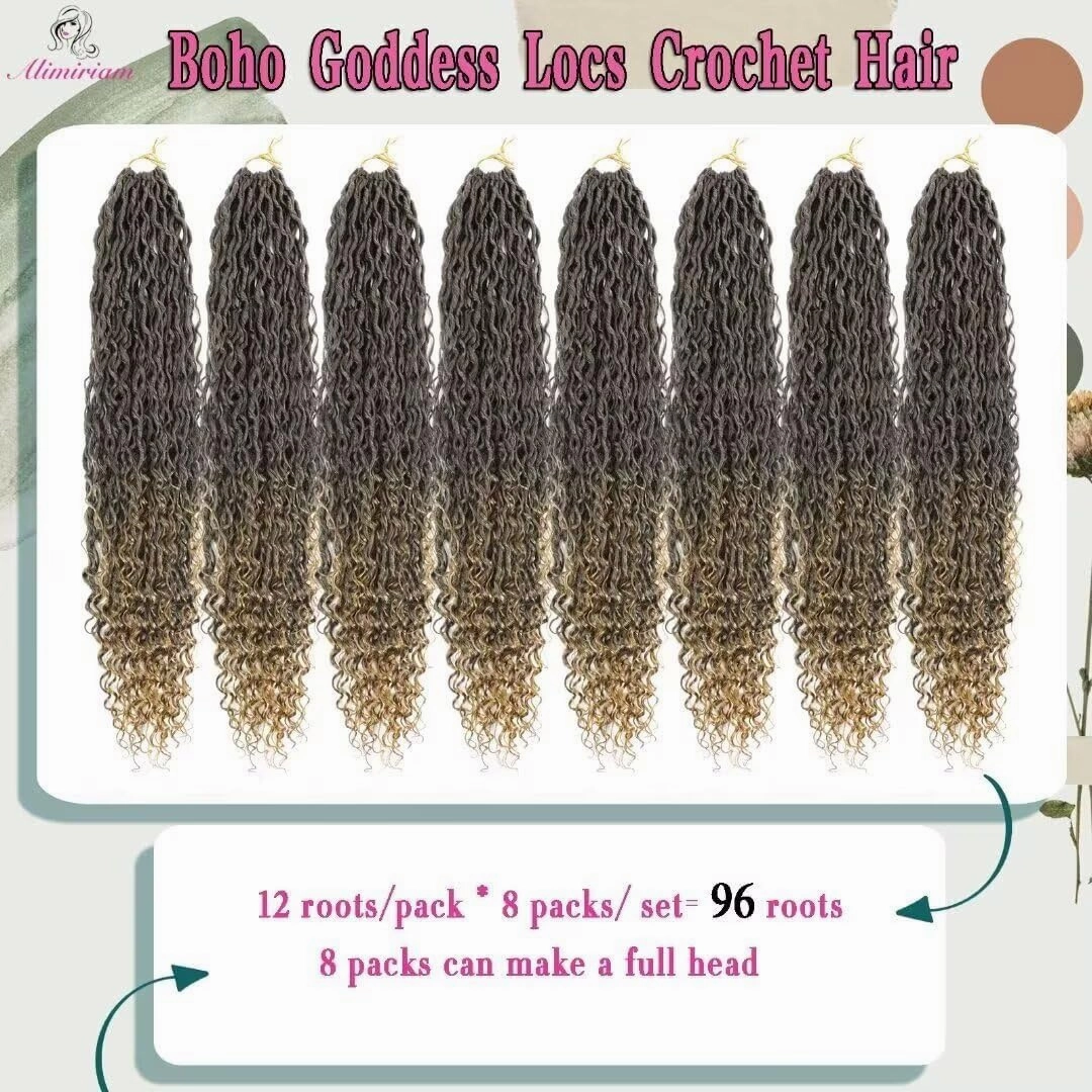 8 Packs New Goddess Locs Crochet Hair 18 Inch Pre-looped River Locs Crochet Hair with Curly Ends Curly Faux locs Braids Hair Boho Style Synthetic Hair Extensions (18" 8Packs T1B/27#)
