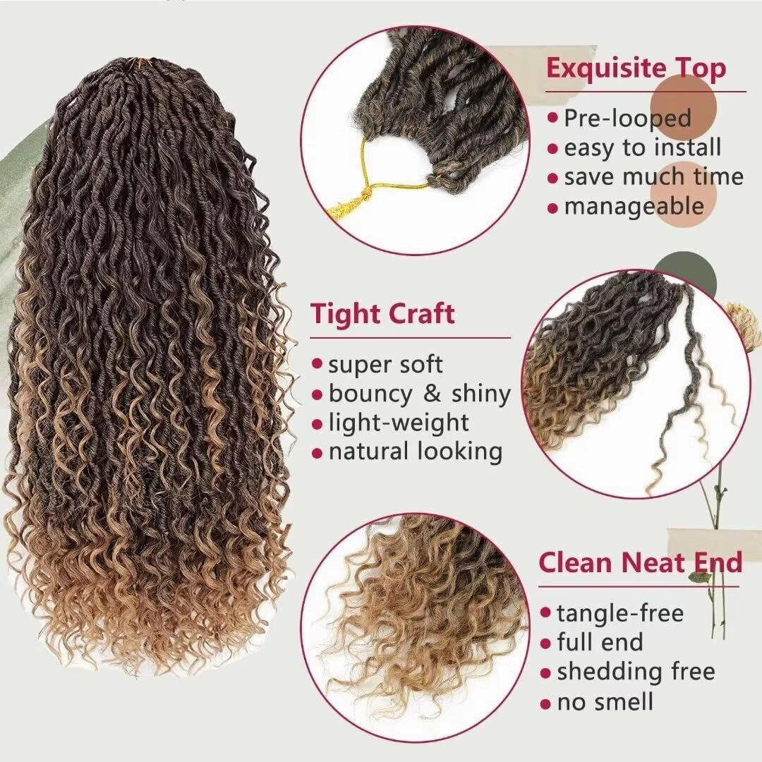 8 Packs New Goddess Locs Crochet Hair 18 Inch Pre-looped River Locs Crochet Hair with Curly Ends Curly Faux locs Braids Hair Boho Style Synthetic Hair Extensions (18" 8Packs T1B/27#)