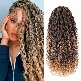 8 Packs New Goddess Locs Crochet Hair 18 Inch Pre-looped River Locs Crochet Hair with Curly Ends Curly Faux locs Braids Hair Boho Style Synthetic Hair Extensions (18" 8Packs T1B/27#)