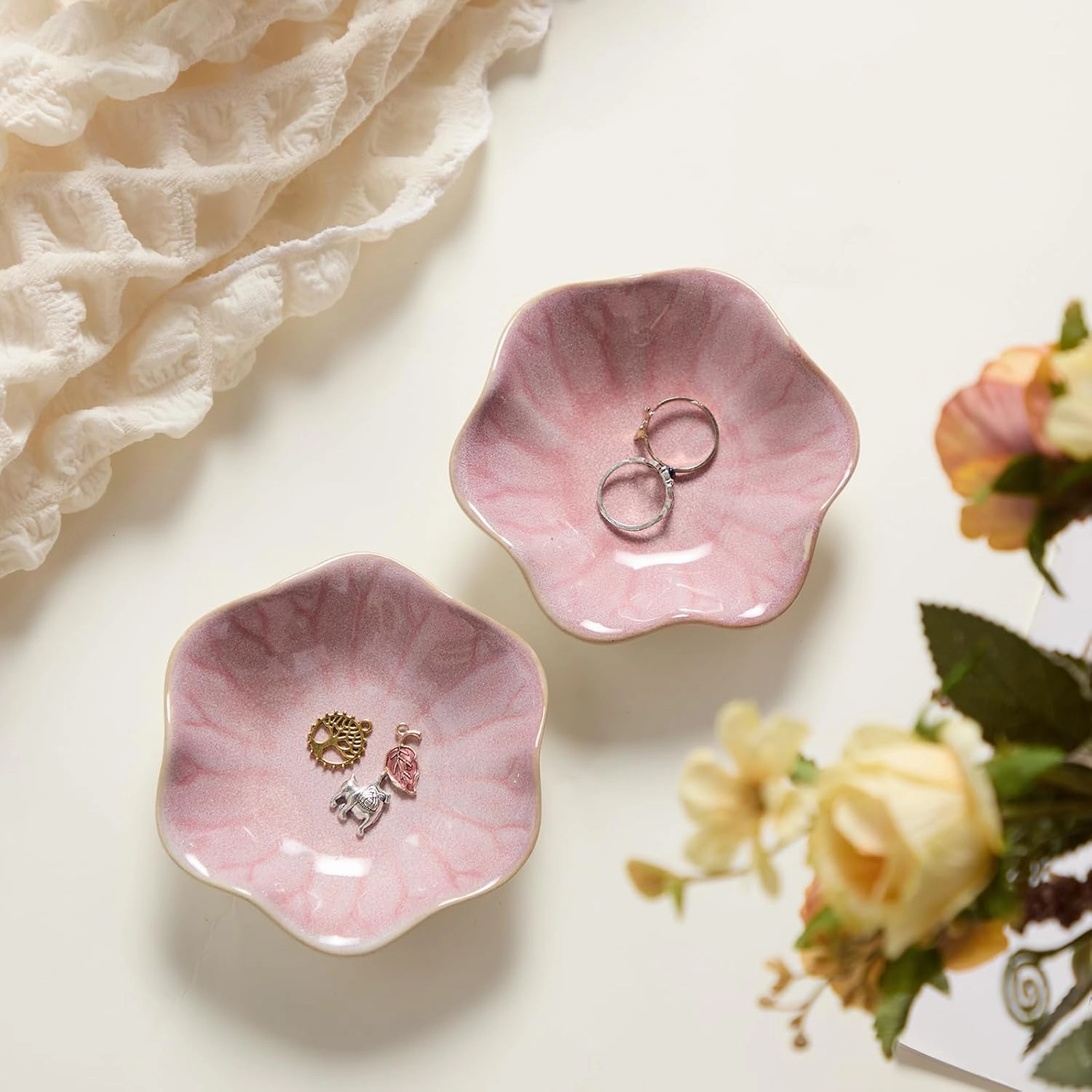 8 Pcs Ceramic Trinket Dish Lotus Leaf Jewelry Tray Small Ring Dish for Earrings, Rings, Jewelry Holder, Key Bowl(Pink)