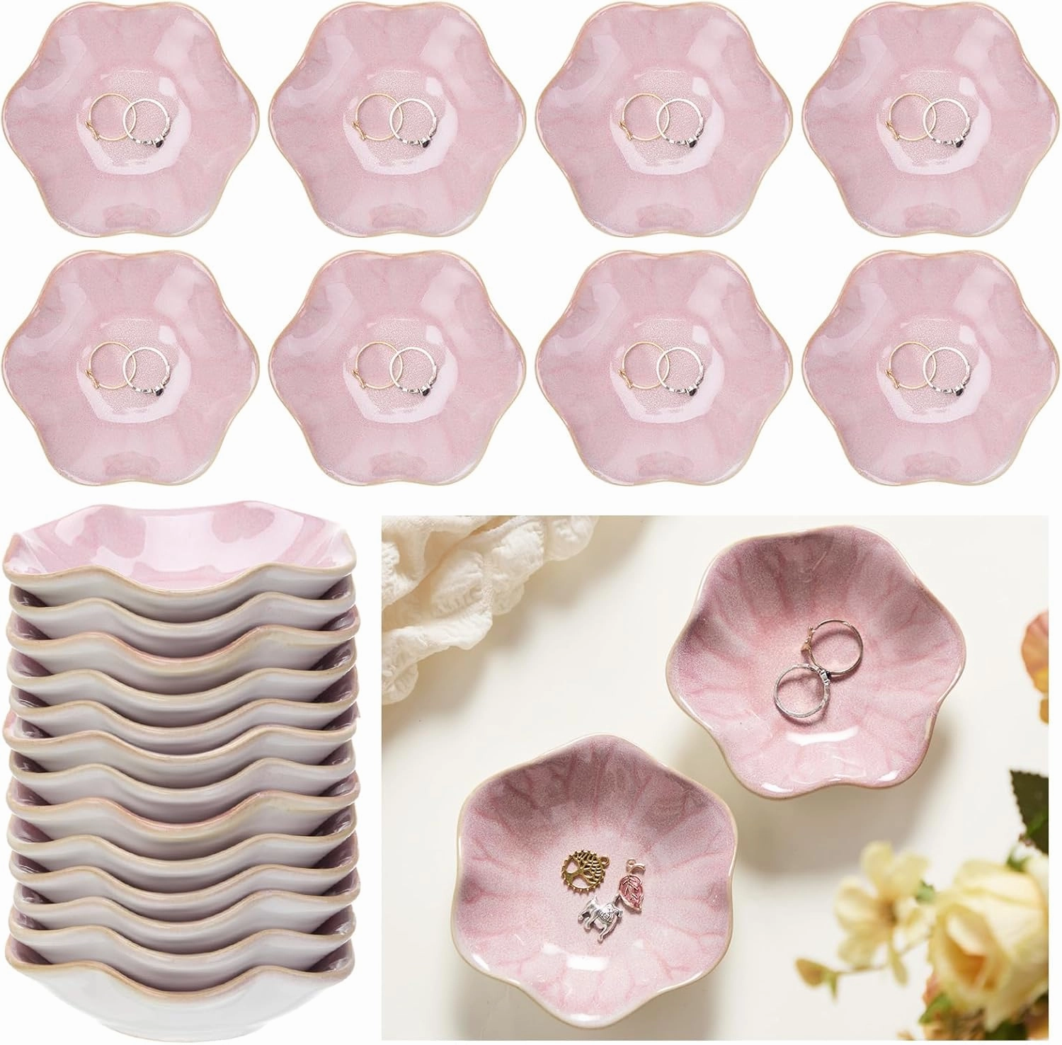 8 Pcs Ceramic Trinket Dish Lotus Leaf Jewelry Tray Small Ring Dish for Earrings, Rings, Jewelry Holder, Key Bowl(Pink)