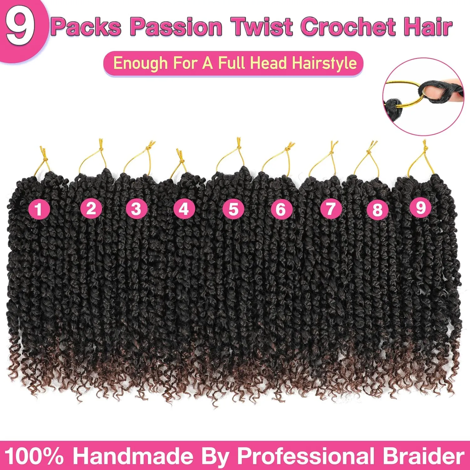 9 Packs Pre-twisted Passion Twist Hair 10 Inch Passion Twist Crochet Hair Ombre Brown Pre Looped Bohemian Short Passion Twist Crochet Braids Hair for Women Girls and Kids (10Inch,T1B/30)