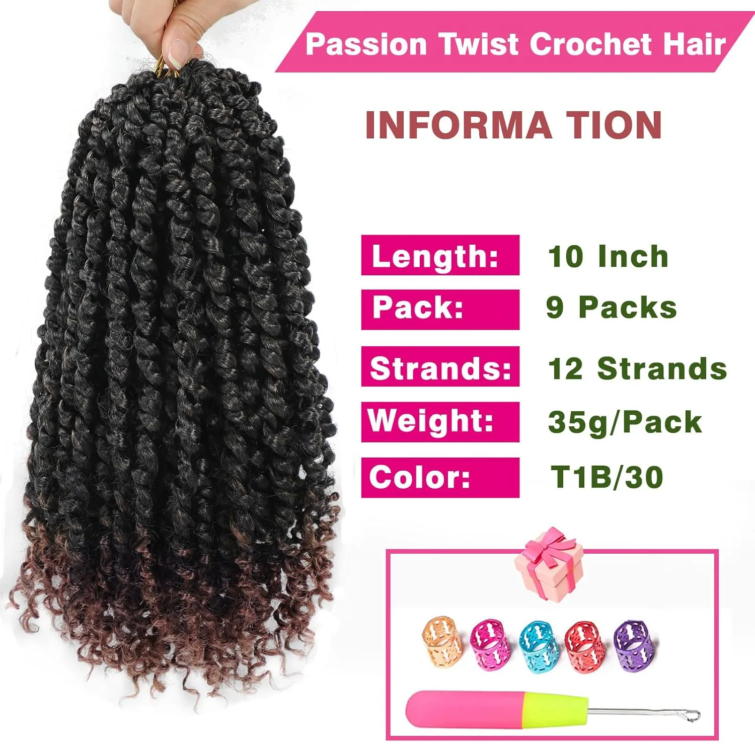 9 Packs Pre-twisted Passion Twist Hair 10 Inch Passion Twist Crochet Hair Ombre Brown Pre Looped Bohemian Short Passion Twist Crochet Braids Hair for Women Girls and Kids (10Inch,T1B/30)