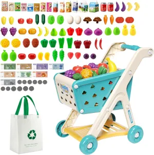 98pcs Kids Shopping Cart Trolley Play Set with Pretend Food and Accessories,Perfect for Ages 3  Pretend Play and Role-Playing Games