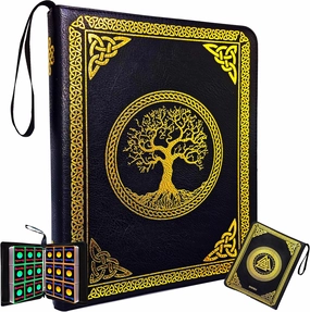 9 Pocket Card Binder - Tcg Binder 900 Cards Collection Albums with 50 Removable Sleeves - Card Holder - Premium Vegan Leather - Gold Foil Celtic Runes