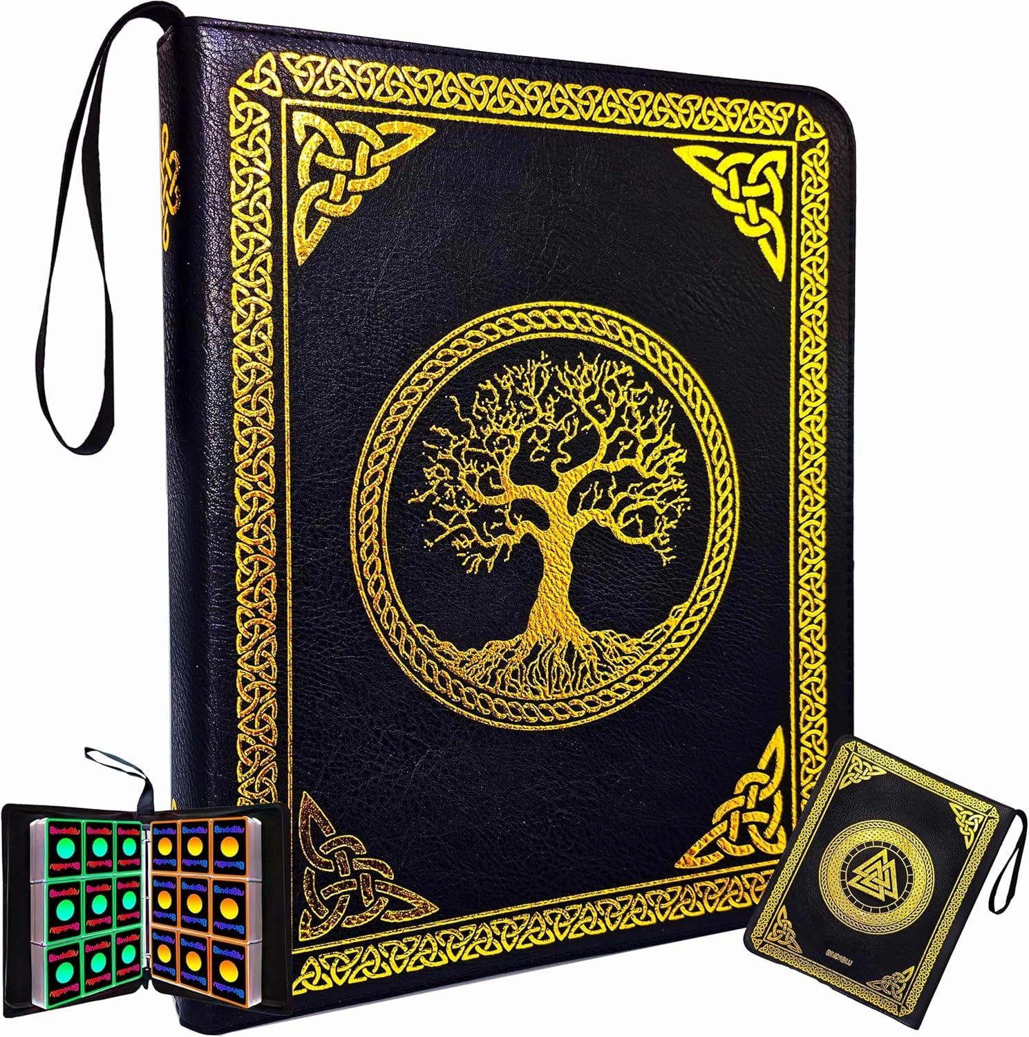 9 Pocket Card Binder - Tcg Binder 900 Cards Collection Albums with 50 Removable Sleeves - Card Holder - Premium Vegan Leather - Gold Foil Celtic Runes