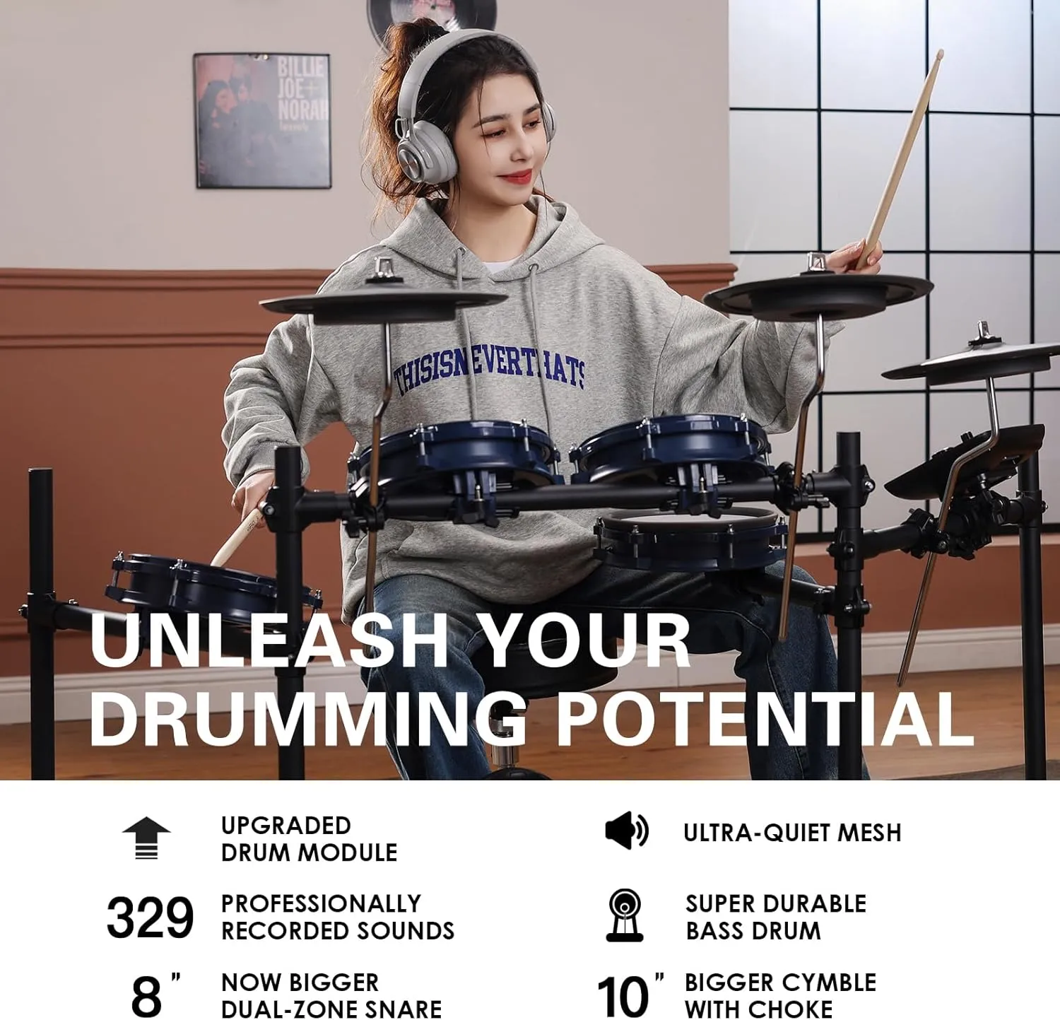 ACE-301 Electric Drum Sets for Beginners with Quite Mesh Pads, 2 Cymbals w/Choke, 15 10 Drum Kits and 329 Sounds, USB MIDI, Recording Function (5 Pads, 3 Cymbals)
