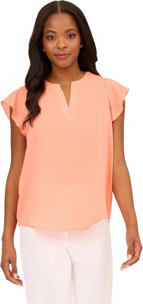 Adrianna Papell Women's Solid Short Ruffle Sleeve Popover Blouse
