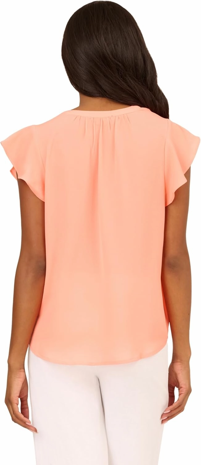 Adrianna Papell Women's Solid Short Ruffle Sleeve Popover Blouse