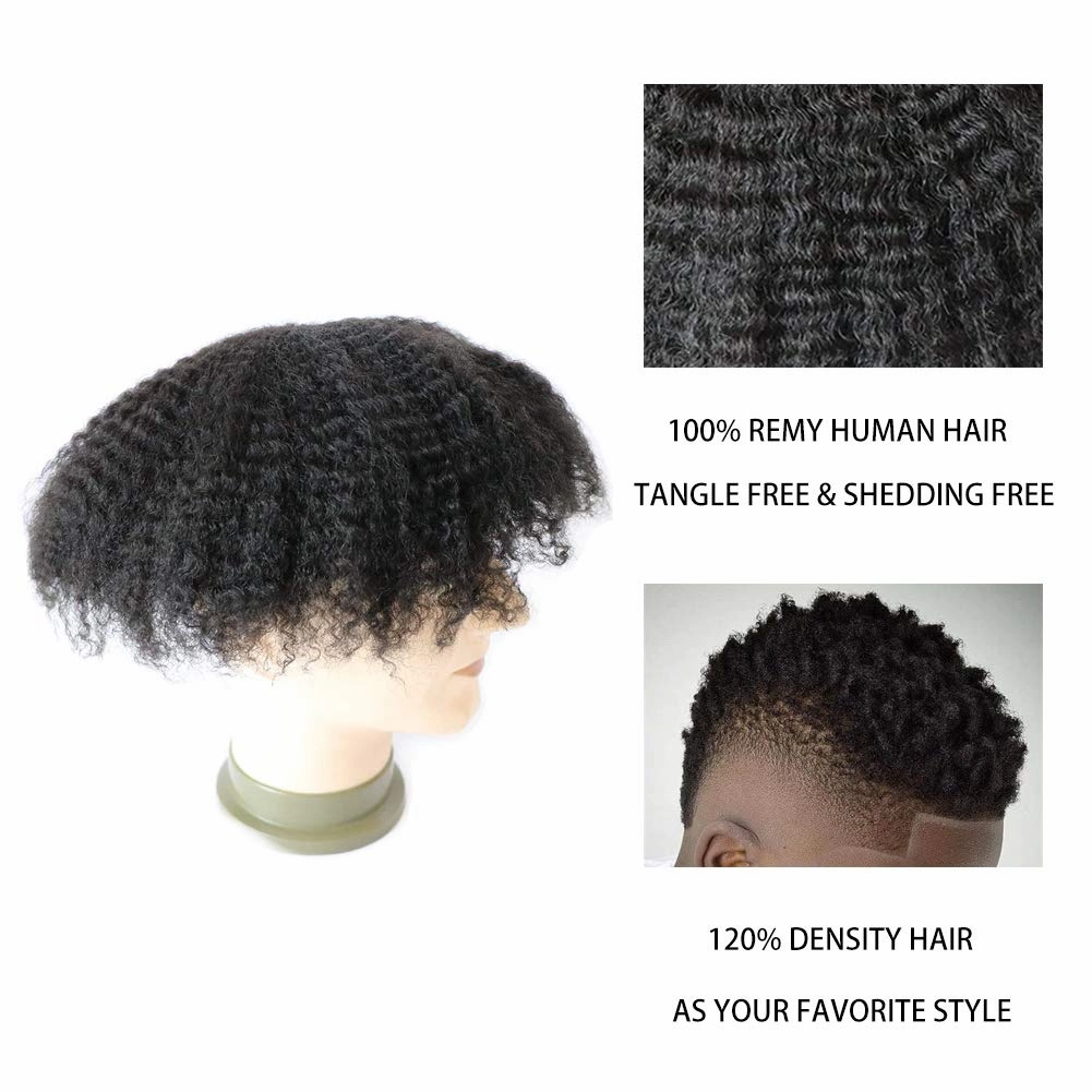 AfroToupee For Men African American Wigs 360 Wave Male Hair Unit 6MM weave Afro Mans Toupee Hairpiece Human Hair 8x10inch Replacement Invisible Pu Natural Looking African Curly1# System