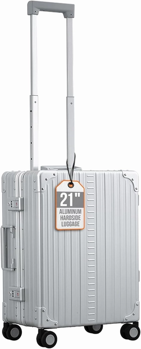 Aleon Lightweight Aluminum Carry-On Luggage - Hardside Carry-On Suitcase, TSA Approved, Hard Shell Suitcase for Travel, Airline Approved 21 Inch Hard Spinner Wheels Luggage (Platinum)
