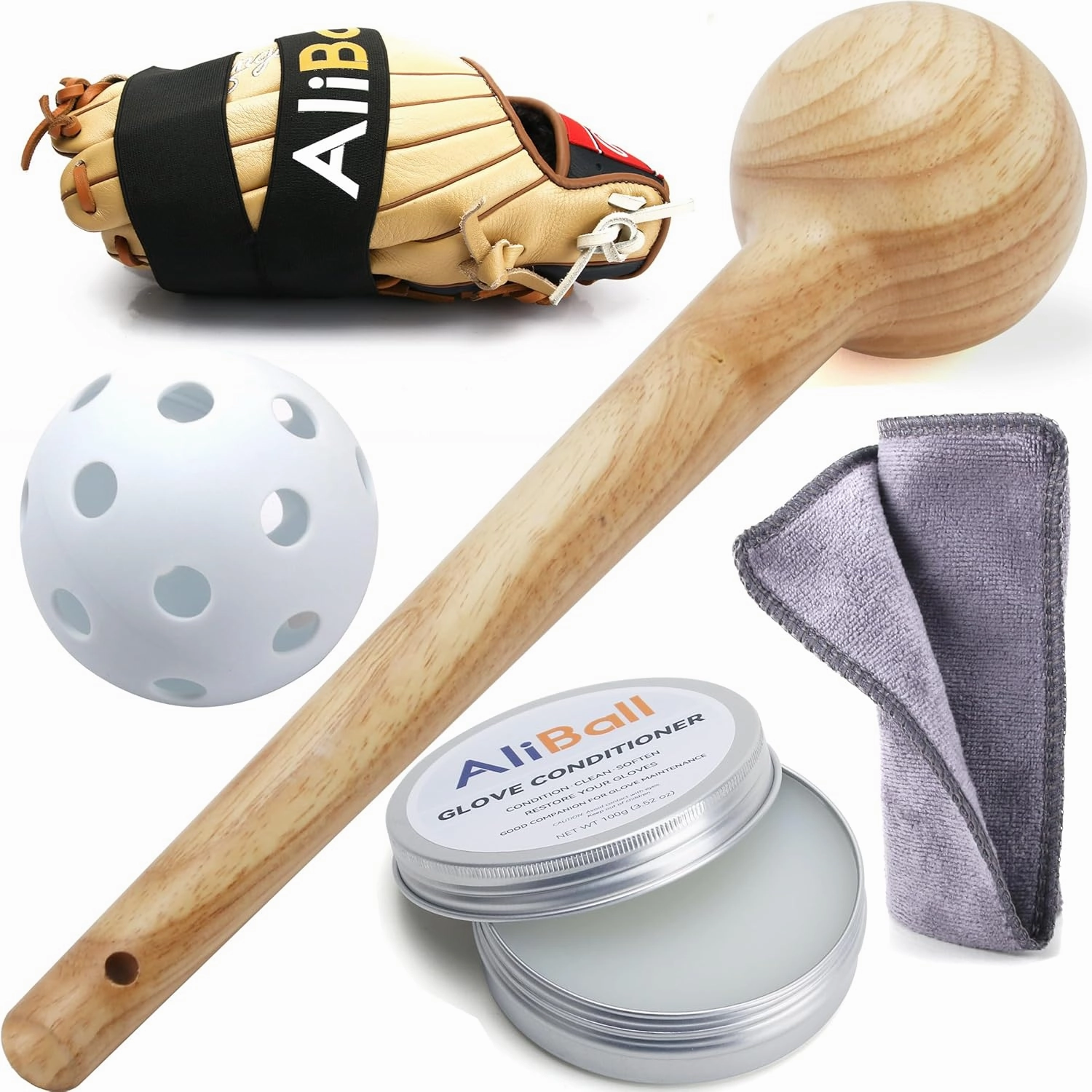 AliBall Professional Baseball/Softball Glove Break-in Conditioning Kit - 5 Piece Set with Solid Construction Mallet, Universal Fit for Adult & Youth