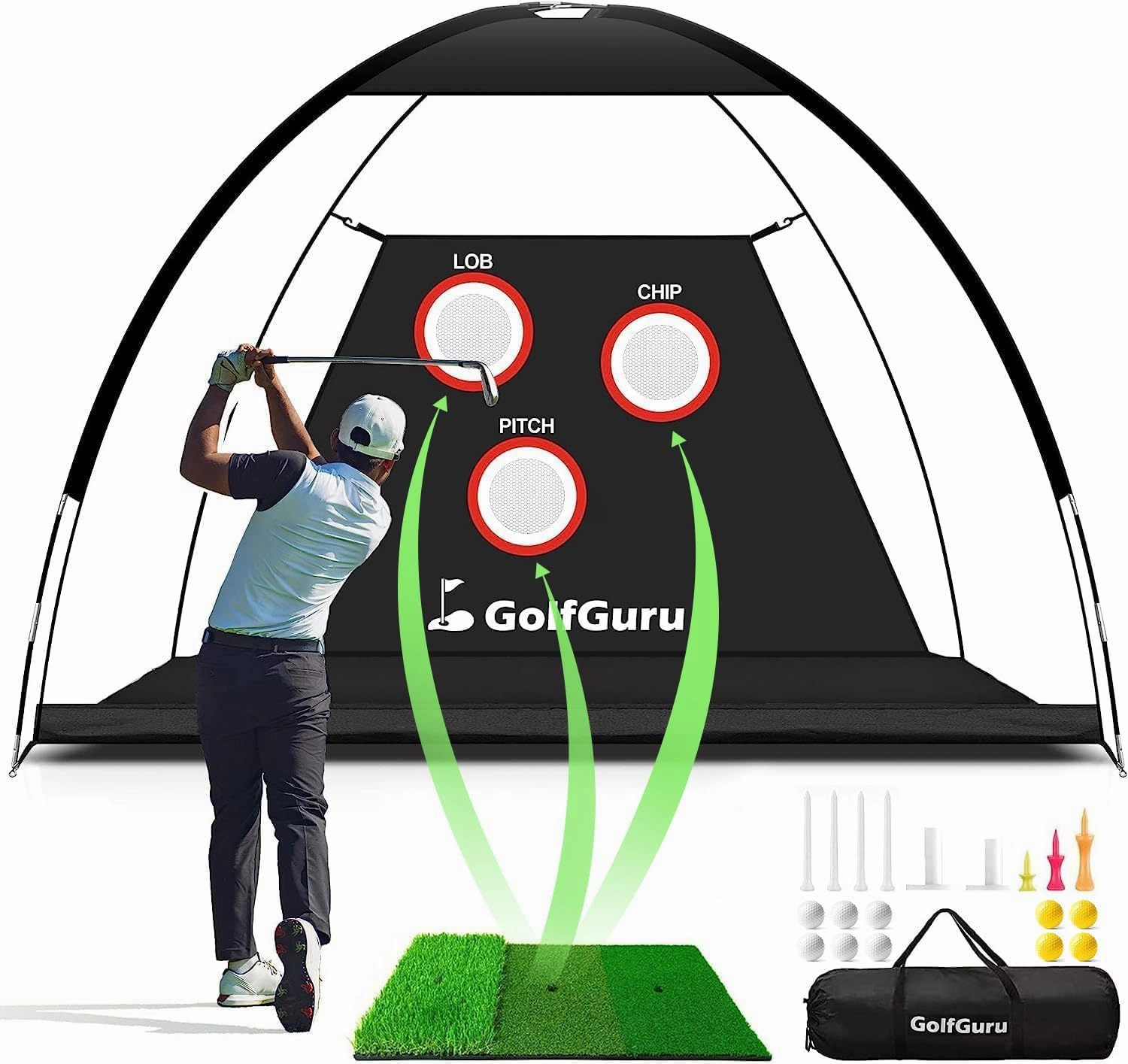 All in 1 Golf Practice Net - 10x7ft with Pro Chipping Target, Tri-Turf Mat, 10 Balls, 7 Tees, 2 Rubber Tees, Carry Bag for Backyard Driving Chipping