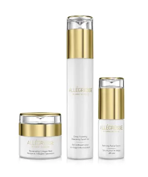 Allegresse Rejuvenating 24 Karat Skincare Collagen Mask with Deep Foaming Cleansing Facial Gel and Facial Serum Set | Delightful Mixture of Essential Oils & Plant Extracts | 3 Piece Set