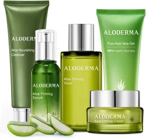 Aloderma Signature Aloe Firming & Rejuvenating Set - 6 Pieces - 114g Gel, Cleanser, Toner x2pcs, Serum, Cream