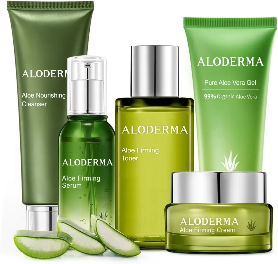 Aloderma Signature Aloe Firming & Rejuvenating Set - 6 Pieces - 114g Gel, Cleanser, Toner x2pcs, Serum, Cream