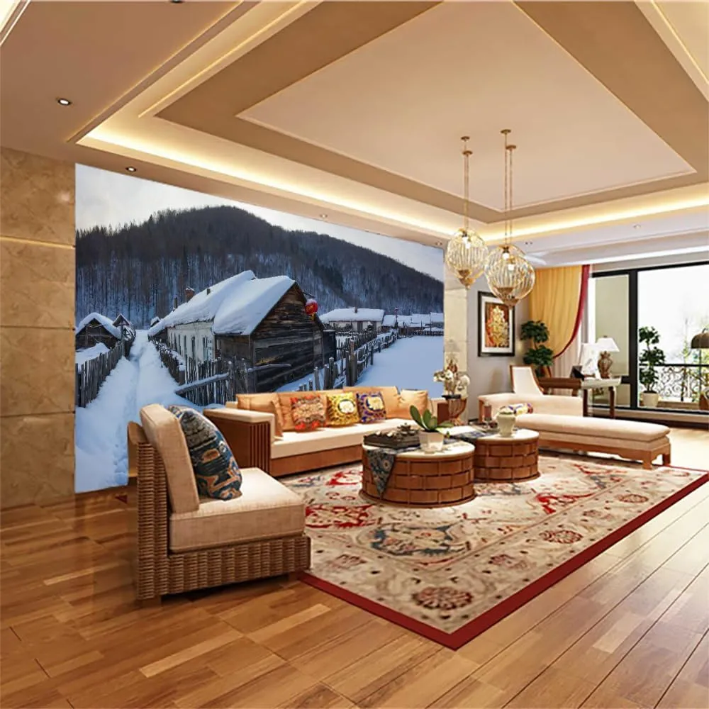 Alpine Forest Large 3D Wall Decor, Snow Cabin Peel and Stick Self-Adhesive Wallpaper Wall Mural,for Living Room Bedroom Showroom Hotel Office Dining Room,169.3"W x118.2"H