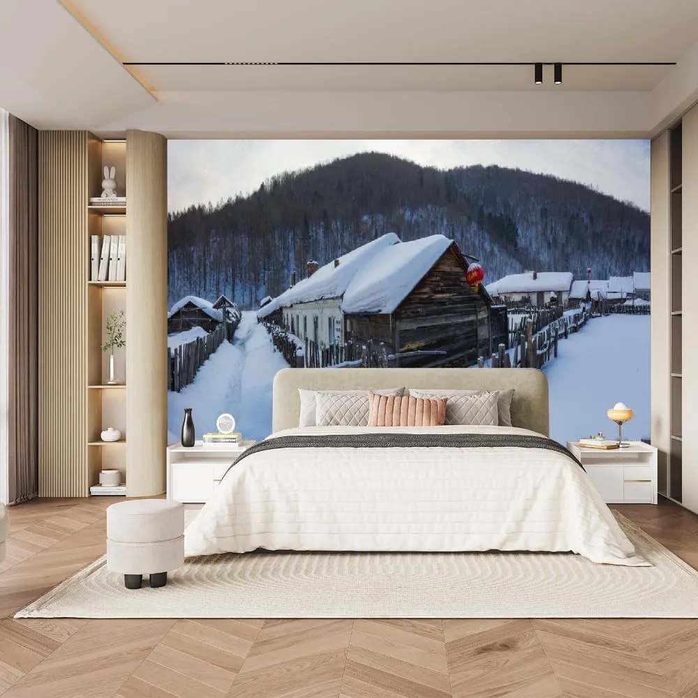 Alpine Forest Large 3D Wall Decor, Snow Cabin Peel and Stick Self-Adhesive Wallpaper Wall Mural,for Living Room Bedroom Showroom Hotel Office Dining Room,169.3"W x118.2"H