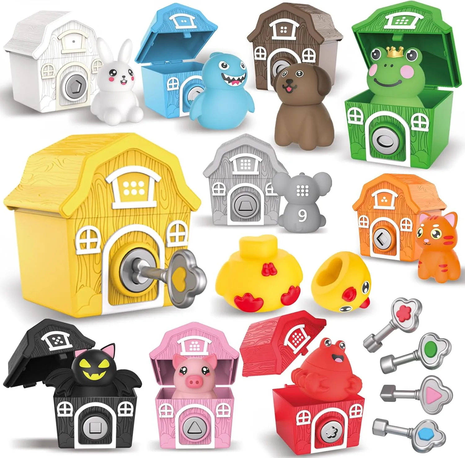 Animal Toys for Toddlers，30 Piece Farm Animal,10 Farm Animals and 10 Barns,10 Keys,Montessori Counting,Matching and Sorting Fine Motor Sensory Toys