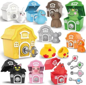 Animal Toys for Toddlers，30 Piece Farm Animal,10 Farm Animals and 10 Barns,10 Keys,Montessori Counting,Matching and Sorting Fine Motor Sensory Toys