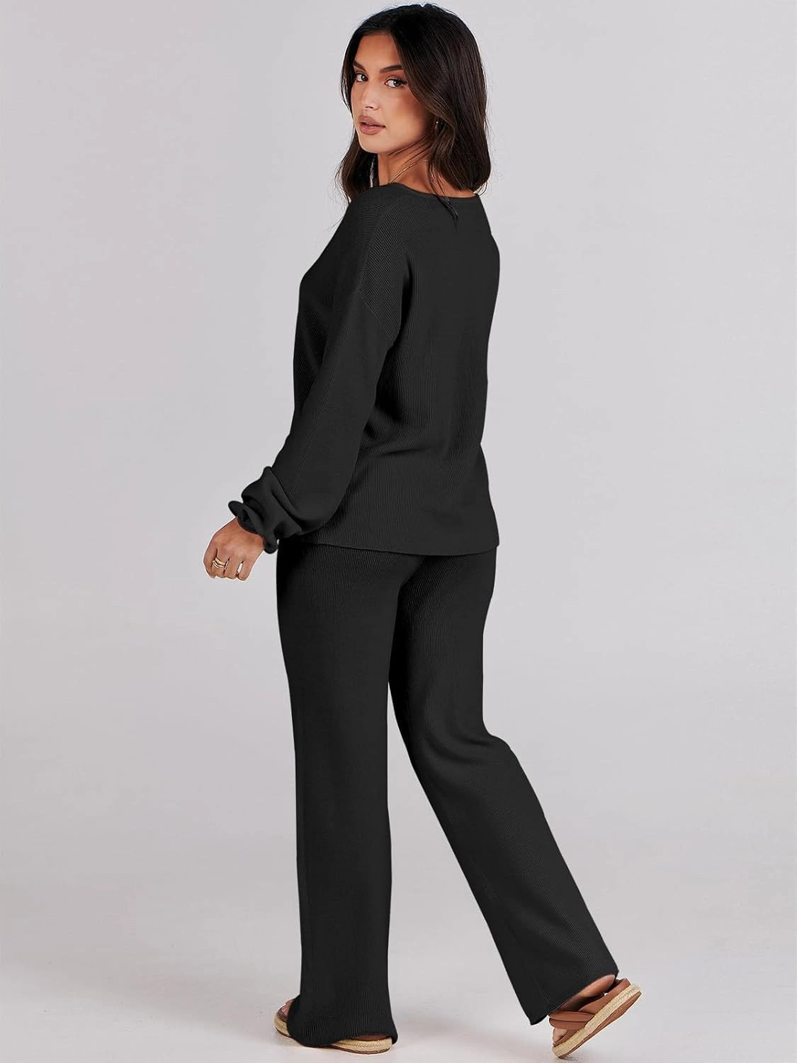 ANRABESS Women 2 Piece Outfits Sweater Lounge Sets Long Sleeve Cable Knit Pullover and Wide Leg Pants Tracksuit Matching Set