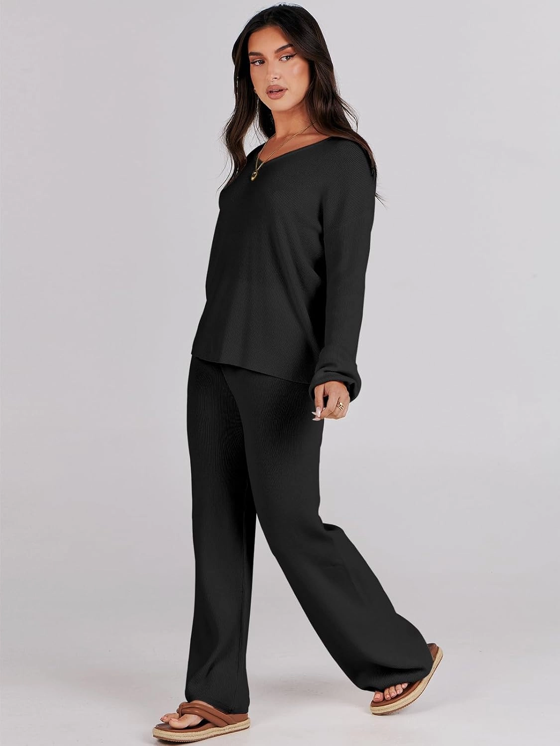 ANRABESS Women 2 Piece Outfits Sweater Lounge Sets Long Sleeve Cable Knit Pullover and Wide Leg Pants Tracksuit Matching Set
