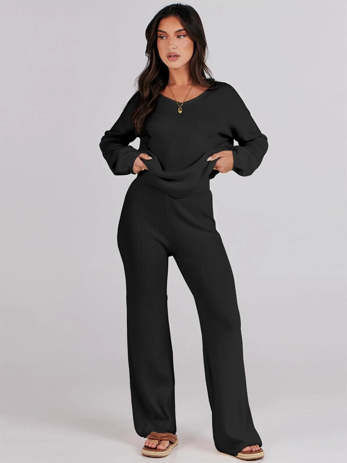 ANRABESS Women 2 Piece Outfits Sweater Lounge Sets Long Sleeve Cable Knit Pullover and Wide Leg Pants Tracksuit Matching Set